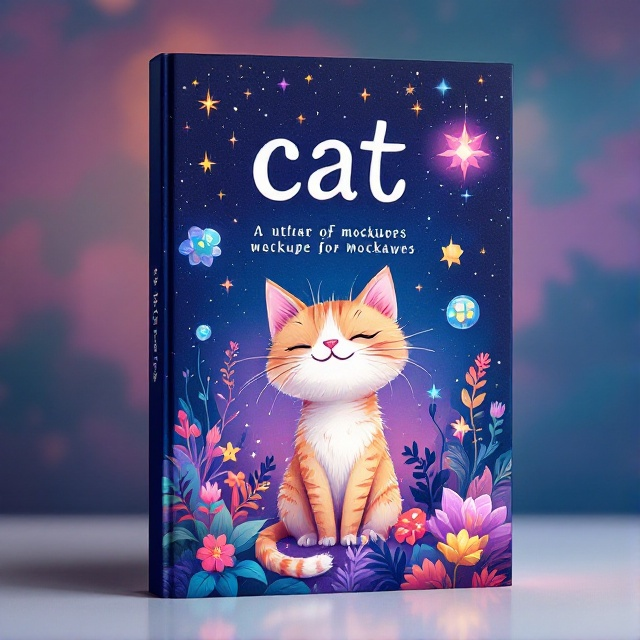 A whimsical, colorful illustration of a fantasy world with a large, whimsical cat at the center. The cat has an inviting and playful expression, surrounded by enchanted elements like floating orbs, magical plants, and sparkling stars. The background is a dreamy, twilight sky with soft hues of purple and blue.