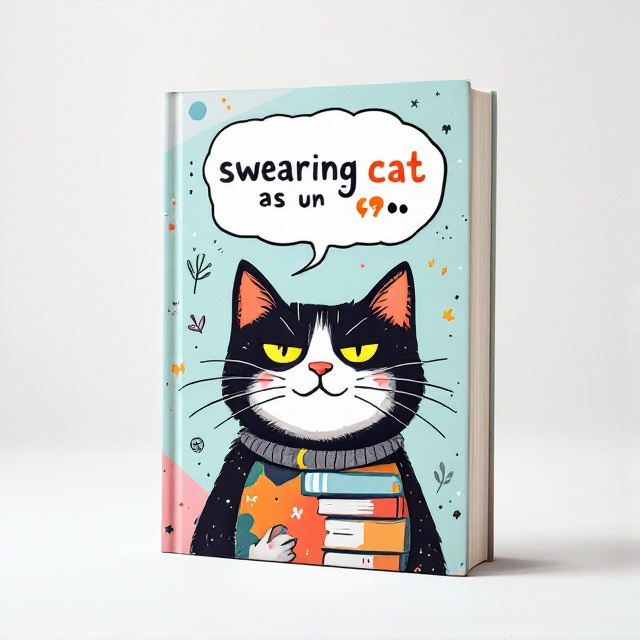 A humorous illustration of a mischievous-looking cat on the cover, with a speech bubble containing whimsical symbols representing swearing. The background features playful, colorful patterns and subtle art elements that suggest a mix of street art and modern graphic design.