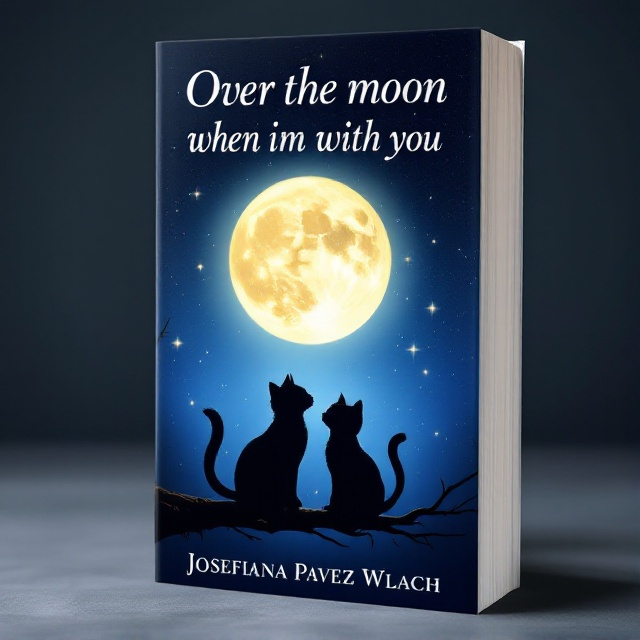 A serene, nighttime scene with a brilliantly glowing moon positioned slightly off-center in the sky. Surrounding the moon are twinkling stars scattered across a deep blue background. Silhouettes of two cats sitting on a branch in the foreground, their tails entwined, share a gaze towards the moon.