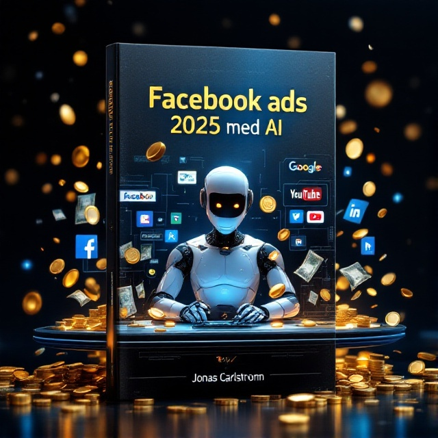 A futuristic robot sits at a sleek, high-tech control desk, surrounded by holographic displays of major ad platforms like Facebook, Google, Instagram, and YouTube. Gold coins and banknotes flowing in a digital stream around the robot amplify the money-making theme. The background is a blend of black and deep navy blue with subtle digital code patterns to signify AI technology.