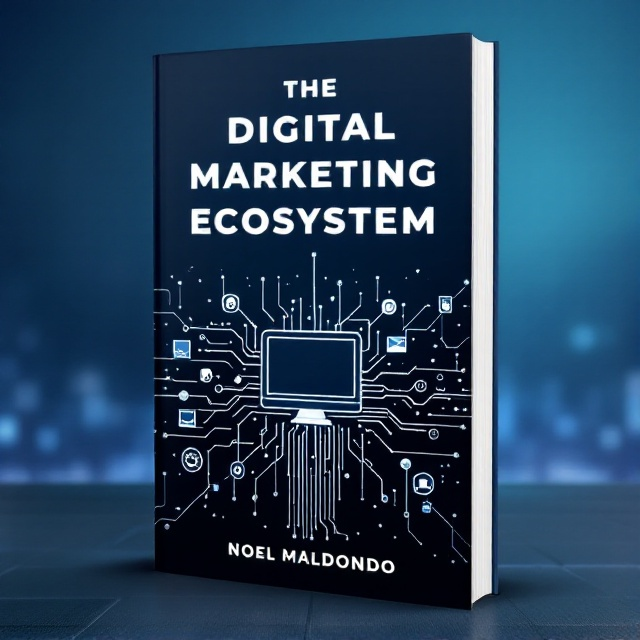 A digital grid with interconnected nodes and circuits, creating a network pattern in the background. The central focus is a sleek computer icon, symbolizing the digital aspect. The background is a deep blue gradient transitioning into lighter shades towards the edges. Subtle, transparent icons representing different digital marketing elements (social media, email, SEO) are scattered throughout the grid.