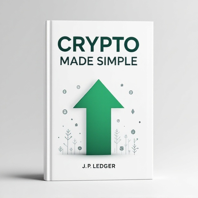 A sleek, minimalist design with a white background. A large, simple, green upward-pointing arrow representing growth and positivity, centered on the cover. Subtle, light-grey icons of various cryptocurrencies (Bitcoin, Ethereum, etc.), slightly faded in the background. The author’s name placed at the bottom in a tasteful, small-sized font.