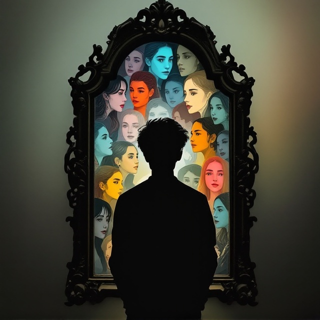 A silhouette of a teenager stands in front of a large, ornate mirror. The mirror's reflection shows multiple faces and identities, some in vibrant colors, others in monochrome, suggesting diversity and introspection. The background is a subtle, blurred gradient that symbolizes uncertainty and potential.