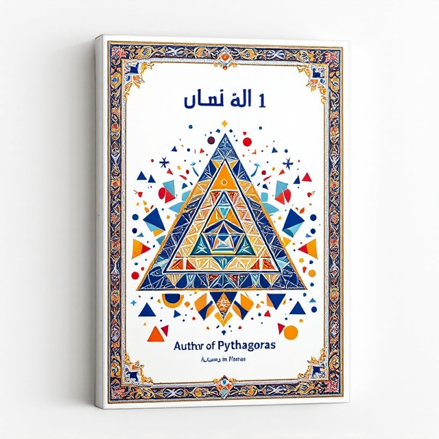A backdrop of intricate Persian rug patterns against a white background, interspersed with vivid geometric shapes like triangles, circles, and squares. These shapes are floating around a central, larger triangle, highlighting the theme of Pythagoras.