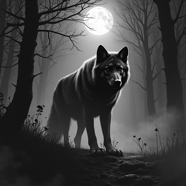 A shadowy forest landscape under a foreboding dark sky. In the foreground, wisps of fog obscure the outline of a menacing wolf with bloodstains on its coat. The moon casts a ghostly light, creating eerie reflections and long shadows. Splashes of dark red subtly hint at danger, while branches stretch across the top as if snaring the viewer’s gaze.