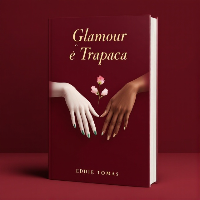 Two hands reaching towards each other at the center of the cover, one white with painted nails and one brown without painted nails, with a delicate flower floating between the hands. The background is a rich wine color.