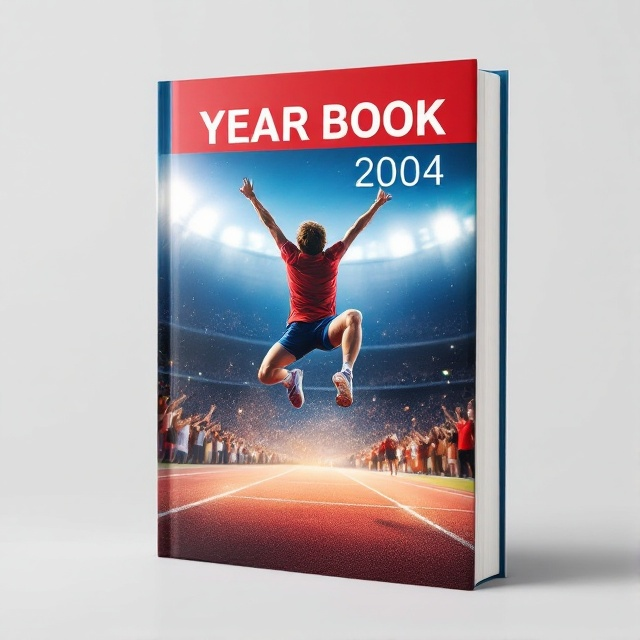 The cover features a dynamic action shot of a young athlete in mid-air, capturing a moment of triumph. The background showcases a stadium filled with cheering fans. The color palette consists of vibrant reds and blues to convey energy and excitement.