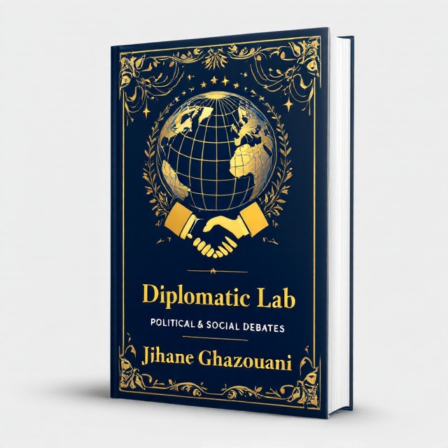 Centered is a gold-globe illustration on a dark blue background, with horizontal line accents. Below it, a gold handshake icon signifies unity and diplomacy. Gold and blue decorative floral motifs intertwine subtly around the globe, while thin gold borders with symmetrical corner embellishments frame the cover.