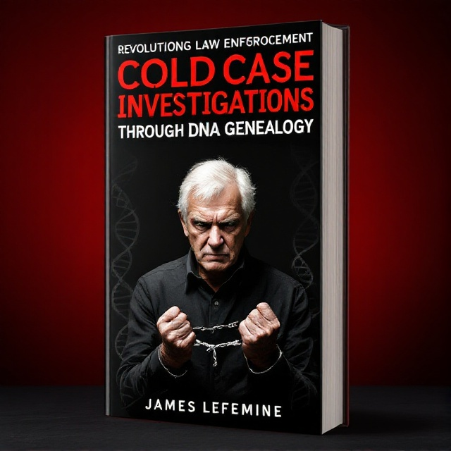 An older white-haired man with a stern expression in handcuffs made of a DNA helix, standing against a black and red gradient background. The image is centrally placed with a high contrast.