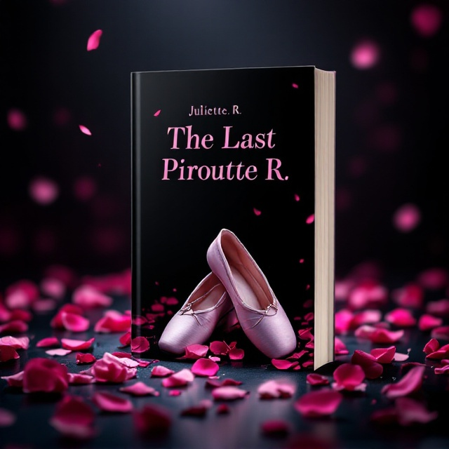 Ballet shoes with blades attached, laying on a stage littered with scattered rose petals. The background is a mix of deep black with pink hues casting shadows. A single spotlight focuses on the shoes.