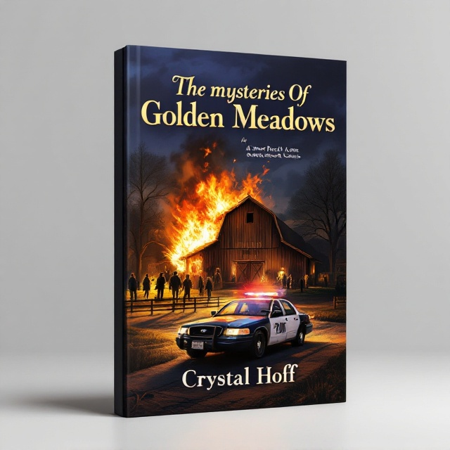 The cover illustration shows the barn at Sweet Peach Acres engulfed in flames, with a detailed depiction of the police car in the foreground. As a backdrop, there are subtle hints of the nursing home and shadows of elderly people forming a semicircle, symbolizing friendship. Both the barn and police car elements are highlighted in gold and surrounded by a dark, almost black night sky to create contrast and intrigue.