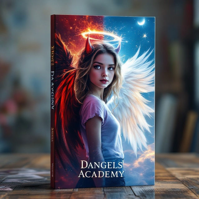 The cover features a split design down the middle, with each half representing the two distinct natures of the girl. On the left side, the girl appears as a devil with horns, a red wing, a fiery backdrop, and dark shadows. On the right side, she appears as an angel with a halo, a white wing, a serene sky, and soft light. The girl has light brown hair with blond streaks and is wearing a lilac top and shorts. A powerful aura radiates from her, emphasizing her unique identity.