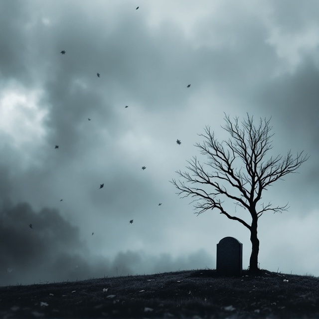The cover shows a misty, overcast sky with a lone, leafless tree in the background. The tree is situated towards the right of the cover, with a grave marker subtly placed under the tree. The color palette is in shades of gray and muted blues, emphasizing sorrow and loss. There is a subtle overlay of leaves falling gently from the sky, symbolizing change and transition.