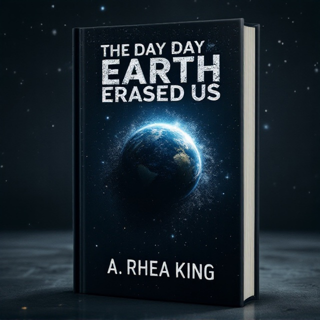 A vast, dark expanse of space takes up most of the cover, with a shadowy silhouette of Earth at the center being slowly dissolved into particles, suggesting erasure. Around it, faint outlines of an alien planet's surface can be seen, with teleportation beams zapping from Earth to the foreign world. Sparse flecks of light represent distant stars, while a sense of chaos is depicted through swirling gusts of cosmic dust.