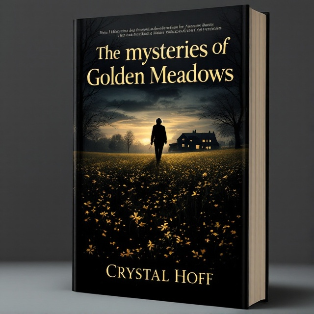 A dark meadow stretches across the cover with a faint silhouette of an elderly figure in the distance. The meadow is sprinkled lightly with golden patches, representing the mysteries of Golden Meadows. The background features a faint outline of a nursing home with dim lights coming from its windows, adding an element of suspense. The sky above is twilight with soft gradients of black and gold.