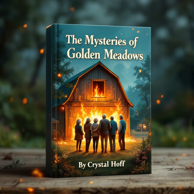 An illustration featuring an elderly group of friends standing in front of a burning barn with embers flying from it. In the background, faint images of a cozy nursing home and the lush greens and blues of Golden Meadows.