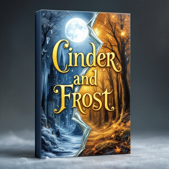 The cover depicts a split scene with contrasting elements; the left side shows a city of frosted towers and icicles under a silver moon, while the right side reveals a golden, glowingly warm realm with ancient, enchanted forests. Both realms are divided by a diagonal line made of glimmering, broken glass. The title “Cinder and Frost” is illustrated with a mix of gold and silver, capturing the essence of both worlds, with whimsical flourishes enhancing the letters.