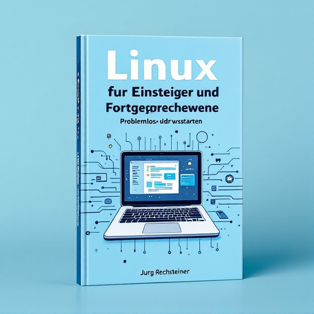 A clear and defined layout with a light blue background, with an illustration of a laptop displaying a Linux interface as the main focal point. The title "Linux für Einsteiger und Fortgeschrittene" is prominently displayed at the top, with a subtitle "Problemlos durchstarten" just below it. A sleek, modern look with clean lines and a hint of techy elements surrounding the main illustration.