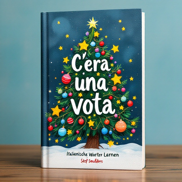 A whimsical, hand-drawn Christmas tree adorned with colorful ornaments and lights that create a festive atmosphere. The title "C’era una volta" is written in the center of the tree, with blinking yellow stars surrounding it to highlight the title. Subtitle "Italienische Wörter Lernen" is placed below the tree, in a playful font, and the author’s name “Stef Smulders” at the bottom in a sophisticated yet approachable font.