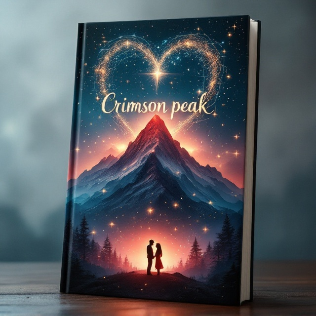 Envision a scenic backdrop of a towering, crimson-tinged peak amid a mystical landscape. Soft, ethereal wisps of magical energy swirl around the peak, gently illuminating the environment. Above the peak, an intricate constellation of shimmering stars forms a heart shape, radiating warmth and enchantment. In the lower third of the cover, silhouettes of a couple gaze at each other lovingly amid the dreamy atmosphere, enveloped by the magical aura.