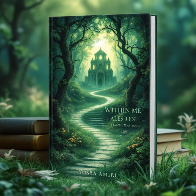 The cover features a serene but slightly haunting illustration of an ancient academy surrounded by verdant greenery. There is a winding path leading up to the academy, symbolizing a journey. The academy has an ethereal glow, representing wisdom and inner discovery. In the foreground, there are subtle elements like books and quills scattered on the grass, suggesting a connection to knowledge and personal growth.