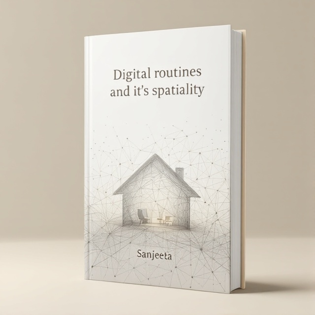A subtle background with a gradient of beige tones. There is a faint overlay of interconnected digital nodes and networks in light gray, symbolizing digital systems. In the center, an abstract silhouette of a house gently blends into an office desk setup.