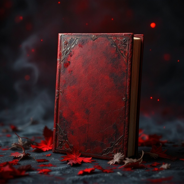 An aged, red leather journal with intricate worn details and subtle cracklings lies slightly tilted on a dark, smoky background. The background features faint whispers of hidden shapes creating an eerie, dense atmosphere. A dim, haunting red glow surrounds the journal, adding an otherworldly presence to the scene. Ghostly, faint stains and handwritten markings hint at sinister secrets hidden within.