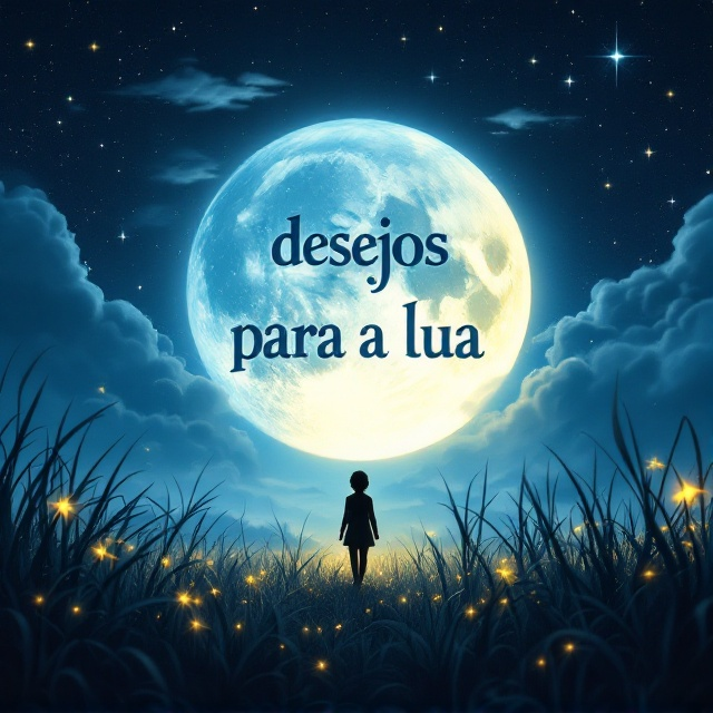 A serene, enchanting moonlit landscape with a large, glowing full moon hanging low in the sky. Wispy clouds drift gently around the moon. In the foreground, a silhouette of a character standing in a field of tall, magical grass that glows softly. Stars sparkle in the sky, creating a sense of wonder and curiosity.