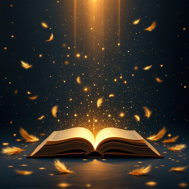 A silhouette of an open book lies elegantly in the center with golden rays emanating from it, symbolizing enlightenment and wisdom. The background is a dark navy blue, enriched with faint abstract patterns symbolizing focus and direction. The title arching above the book, while golden feathers are scattered around, representing Islamic knowledge and inspiration.