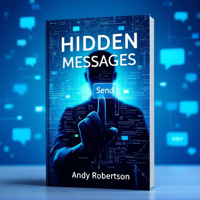 A person’s silhouette is shown against the backdrop of a bright blue digital interface with floating, semi-transparent Facebook message bubbles. The person's finger hovers over the "Send" button, creating a sense of anticipation. Abstract shapes and patterns hinting at data lines and connections fill the background, blending into the silhouette.