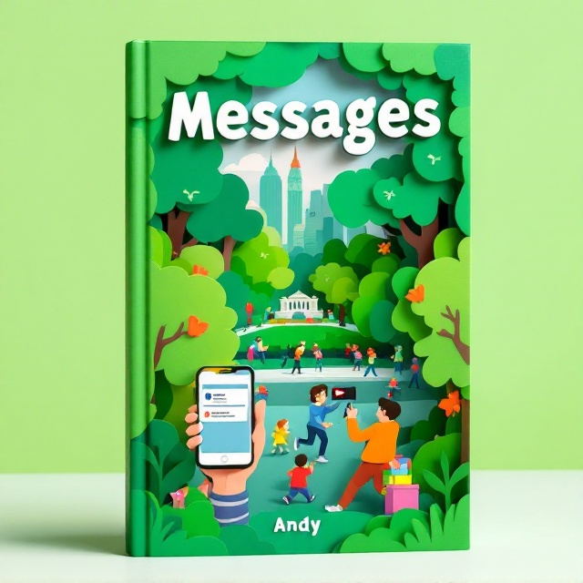 The cover features a multi-layered cut-paper collage style. In the foreground, a figure is depicted holding a smartphone, with the screen showing a partially deleted Facebook message. The midground showcases another character filming a YouTube video surrounded by toys, vividly brought to life with colorful paper cutouts. The background displays two figures running through a stylized representation of Central Park, the trees and structures hinted at through simple, layered shapes. The entire scene utilizes blocks of vibrant color, predominantly shades of green, to create depth and intrigue.