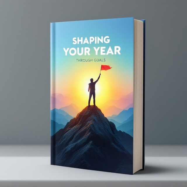A dynamic and vibrant gradient background transitioning from a deep blue at the bottom to a bright gold at the top symbolizes growth and success. In the foreground, an abstract silhouette of a person standing atop a mountain peak, holding a flag, signifies achievement and the realization of goals. Each component is suffused with a halo of light, evoking a sense of enlightenment and accomplishment.