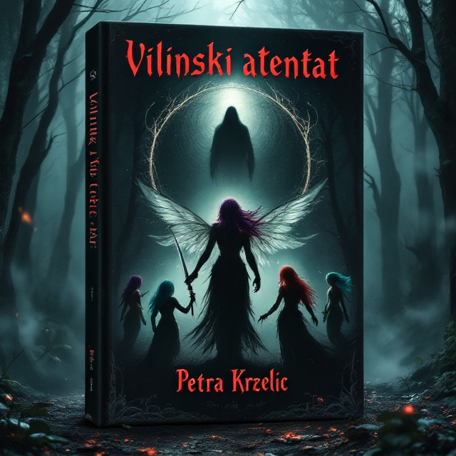 Dark, mystical forest background with eerie fog swirling around. The five fairies are in various combat poses at the foreground, each highlighting their distinct features — the purple-haired fairy with a sword in a powerful stance, the fairy vampire with black hair and green eyes looking menacing, Belladonna with red hair holding poisonous plants, the Afro-American archer with blue-green turquoise long braid aiming an arrow, and the banshee with a ghostly aura. In the center, looming above the fairies, is the shadowy figure of the target, bathed in a faint light.