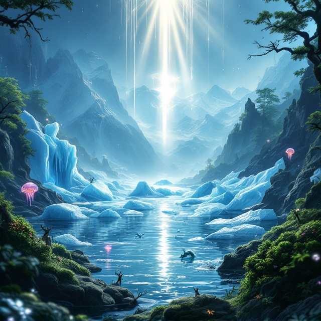 An ethereal scene of an ocean meeting lush forests, with fantastical marine creatures like sea serpents and glowing jellyfish interacting with mythical land creatures such as faerie deer and moss-covered trolls. In the backdrop, icebergs merge into jagged mountains, with water cascading down from thawing ice. Light beams break through the oceanic and forest canopy, creating an aura of mystery and mysticism.