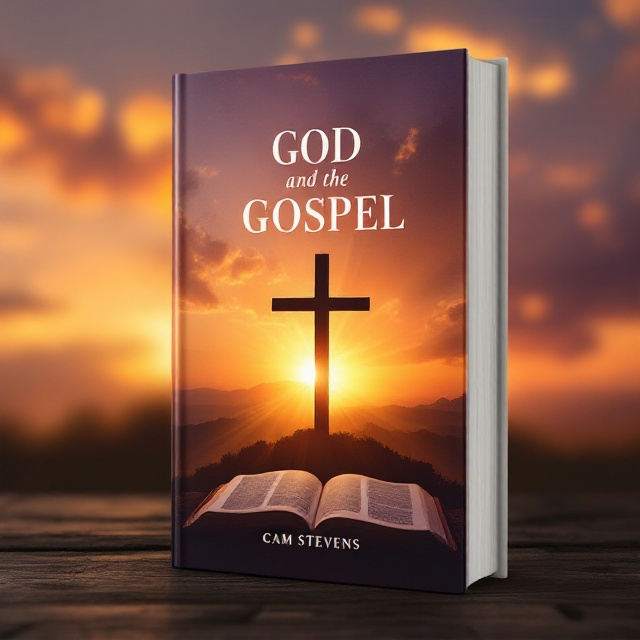 A serene sunset backdrop highlighting shades of gold and purple, a silhouetted cross in the foreground, and an open Bible at the base of the cross with light rays emanating from it.