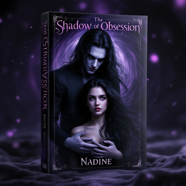 Draco Malfoy stands behind a young woman with flowing black hair, his pale hand encircling her neck. The backdrop is a swirling vortex of dark purples and blacks, with faint glimmers of magical runes and symbols. Both characters are bathed in a moody, shadowy light. The girl's eyes convey a mix of fear and fascination, while Draco's expression is one of intense obsession.