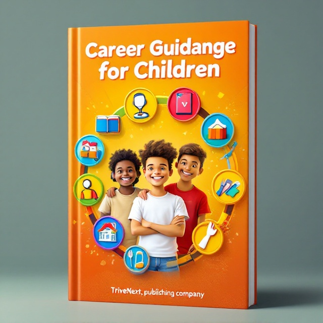 The cover features three teens with diverse skin tones (white, black, and yellow) standing cheerfully in the center of the design. Surrounding the teens is a vibrant cycle of seven colorful 3D icons, each symbolizing a different industry a stethoscope for Healthcare, a book for Education, a headset for Customer Service, a house for Real Estate, a plate with cutlery for Hospitality, scissors and comb for Personal Care Services, and a helping hand for Social Services. The background is a gradient wash of playful orange, radiating energy and warmth.