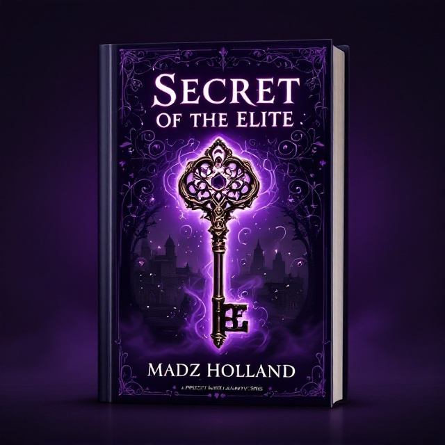 A mystical background with deep shades of purple and black, featuring a subtle silhouette of a grand academy. Intricate magical symbols and swirling mist are placed around an ornate, old-fashioned key that is positioned centrally, symbolizing the "Secret of the Elite". The enigmatic symbols float around the key, suggesting mystery and fantasy.