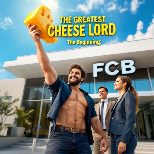 A larger, tan young man with a charismatic smile is holding a giant piece of cheese high in his right hand, its size exaggerated for comic effect. To his right stands a stern-looking man in a business suit, eyeing the cheese with slight exasperation. To his left, an attractive woman with a playful smirk adds a touch of allure. They are all standing outside a modern building with the letters 'FCB' prominently displayed on it. The sky is vivid blue with hints of sunlight highlighting the scene.