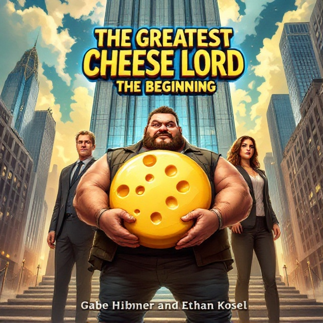 The cover features a humorous yet bold illustration. A fatter, tan man stands dominantly in the center, holding a large, round piece of cheese. To his right, there is a man in his late forties wearing a sharp suit, standing confidently. On the left, an attractive woman in a sleek suit stands with poise. The trio is positioned in front of the building named FCB, which towers in the background. The scene is vibrant, with exaggerated facial expressions to add a comedic touch. The background incorporates a dynamic cityscape, giving a sense of action and adventure.