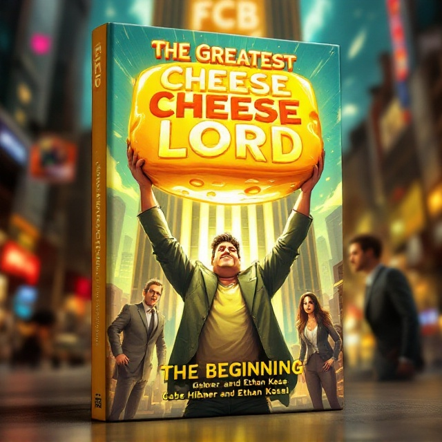 The cover features a vibrant and dynamic illustration with a comic-style touch. In the center, a semi-fat young man holds an oversized, glowing wheel of cheese triumphantly, embodying action and humor. To his right, a man in his late forties dressed in a sharp suit looks on with an amused expression. To his left, an attractive woman in a stylish suit stands poised. Behind them, the imposing facade of a building labeled "FCB" stretches upwards, hinting at a thrilling plot. The background is a bustling cityscape with a touch of exaggerated brightness.