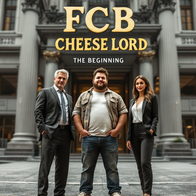 The cover features a semi-fat, tan young man standing confidently in the center, slightly leaning forward. He's dressed in casual yet adventurous attire. To his left is a middle-aged man in his late forties, impeccably dressed in a dark suit, exuding authority and mystery. To his right, an attractive woman in a sharp business suit, with a playful yet determined expression. The trio stands in front of a grand building with the letters "FCB" prominently displayed above its entrance. Subtle, humorous elements such as a block of cheese peeking from the young man's pocket add a whimsical touch.