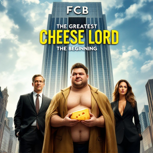A semi-fat, tan young man holding a piece of cheese stands prominently at the center. To his left, a man in his late forties dressed in a sharp suit looks determined, while an attractive woman in a sleek suit stands confidently to his right. Behind them is a grand, modern building with "FCB" engraved at the top. The background features an urban cityscape with a dynamic mix of sky and clouds, giving a sense of action. The overall tone is realistic with a hint of humor.