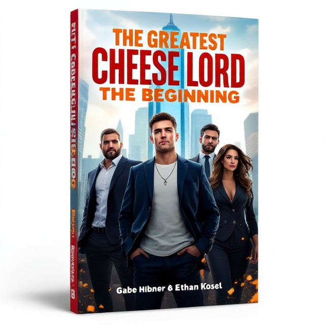 The cover features a realistic scene set against a modern cityscape backdrop with a tall building named FCB in the background. In the foreground stands a semi-fat, tanner-skin-tone young man confidently in the middle. To his left is a man in his late forties wearing a sharp suit, exuding authority and wisdom. To his right, an attractive woman in a suit, suggesting sophistication and strength. Cheeseman elements subtly integrated into the character designs and background, adding a unique flair. The scene is dynamic and action-packed, capturing the adventurous spirit of the book.