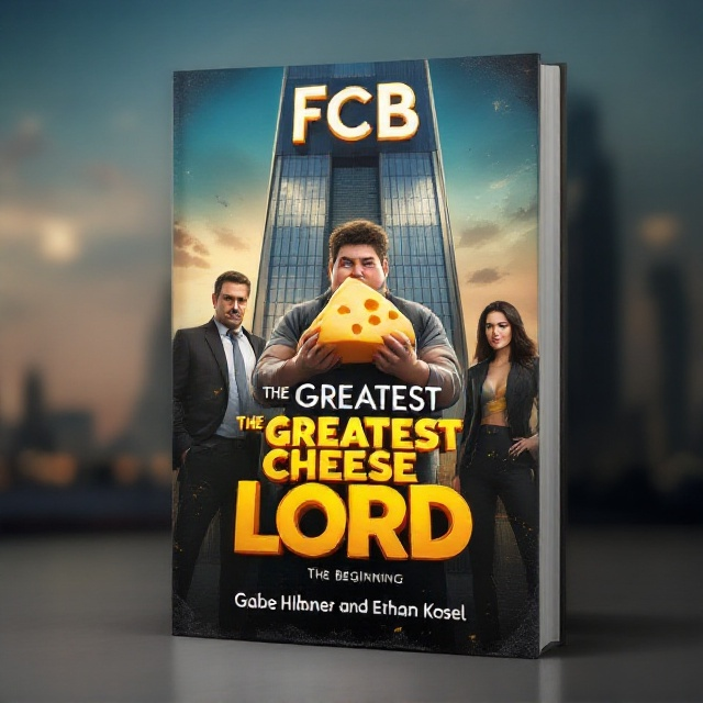 The cover features a dynamic scene with the semi-fat young man holding a large wheel of cheese front and center. To his left, the older man in a dark suit with a stern expression stands confidently. To his right, the attractive woman in a chic suit looks determined. The background showcases a modern skyscraper labeled "FCB" in bold lettering. The sky behind transitions from a deep blue at the top to a warm golden hue near the bottom, evoking a sense of adventure and determination.