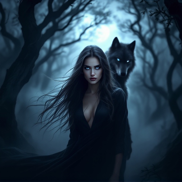 The cover features a dark, misty forest enveloped in mystery. At the forefront stands a female werewolf with luminous, striking eyes. Her long hair flows dramatically in the wind, and her expression is fierce and determined. Behind her, partially obscured by twisted tree trunks, is the shadowy silhouette of a strong, brooding male werewolf. The moonlight pierces through the swirling clouds, casting a romantic glow that highlights the enigmatic connection between the two figures.