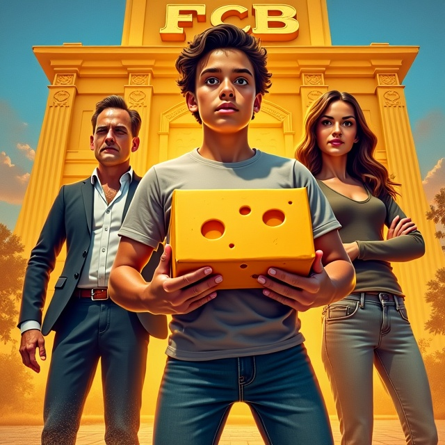 In this dynamic action cover, a semi-fat, very tan young man is depicted at the center, holding a large piece of cheese with both hands. On his left stands a dignified man in his later forties wearing a sharp suit, cradling a cloth-covered box under his arm. To his right is an attractive woman looking determined. Behind them, an imposing building with the letters "FCB" prominently displayed at the top looms in the background. The backdrop has a bold, energetic color scheme with strong contrasts to evoke excitement and adventure.