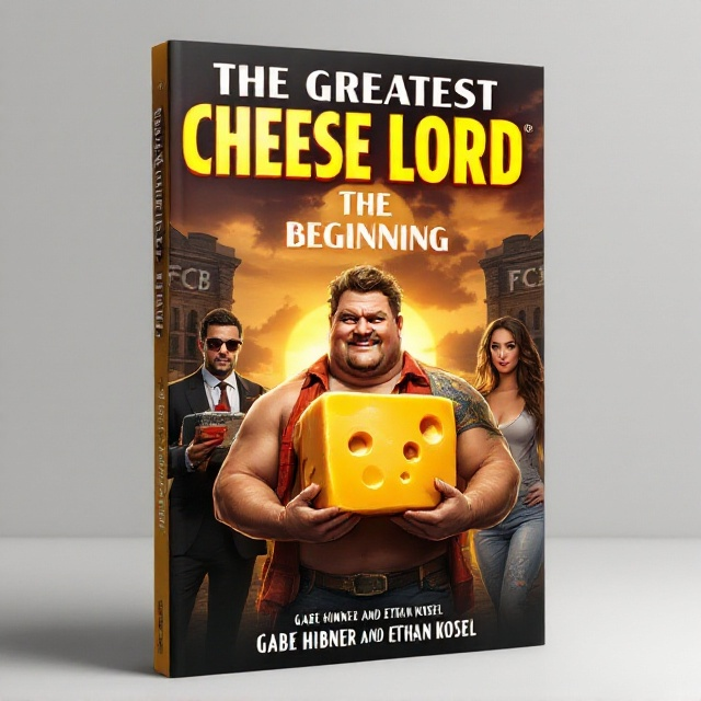 The center of the cover features a dynamic image of a semi-fat, very tan, 23-year-old holding a giant piece of cheese with a confident expression. To his left, a man in his later forties, dressed in a sharp suit, holds a mysterious clothed box. To his right, an attractive woman stands confidently. The background includes a prominent building with bolded letters FCB illuminated against a setting sun. The cover exudes an adventurous atmosphere with a hint of mystery.