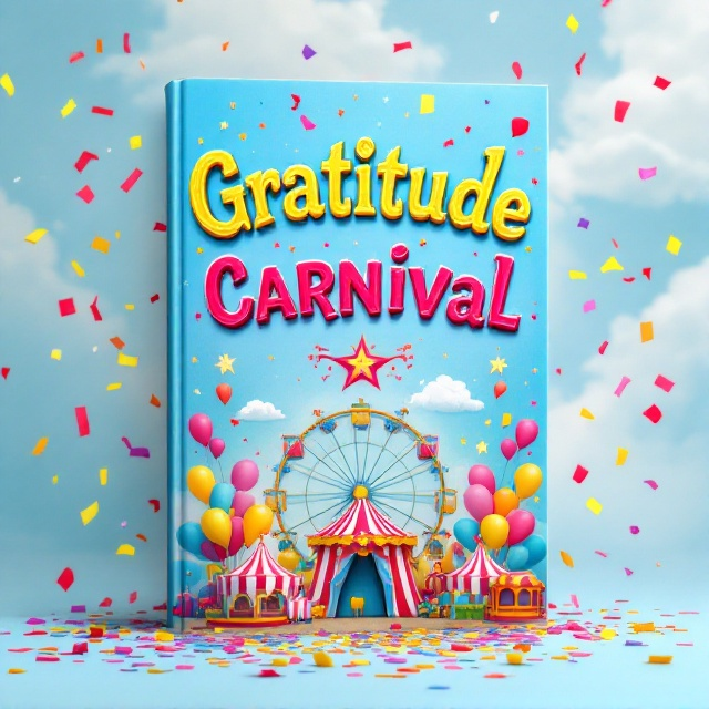 A vibrant and colorful carnival scene with a prominent Ferris wheel in the center. Balloons of various colors are scattered across the cover, and a shower of multicolored confetti cascades from the sky. The background is a bright sky blue, adorned with fluffy clouds and twinkling stars to enhance the playful atmosphere.