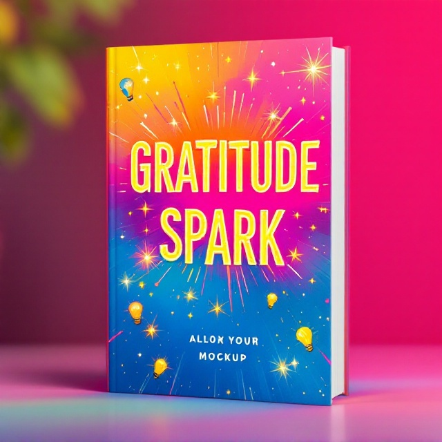 A bright and energetic theme with vivid colors like electric yellow, hot pink, and cobalt blue. Sparks and lightbulbs scatter across the cover, radiating from the center outwards. A dynamic burst effect in the background, giving a lively and inspiring feel. The title, "Gratitude Spark," is central, large, and surrounded by illustrations of sparks and lightbulbs.